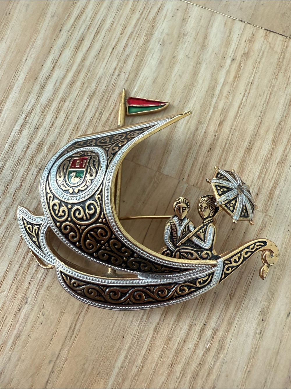 Vintage Spanish Damascene Sail Boat Brooch/Pin Marked Spain